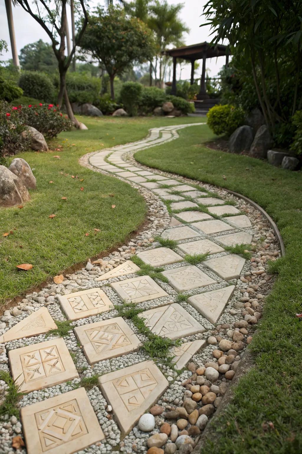 Mixing tiles with natural elements creates a harmonious garden look.