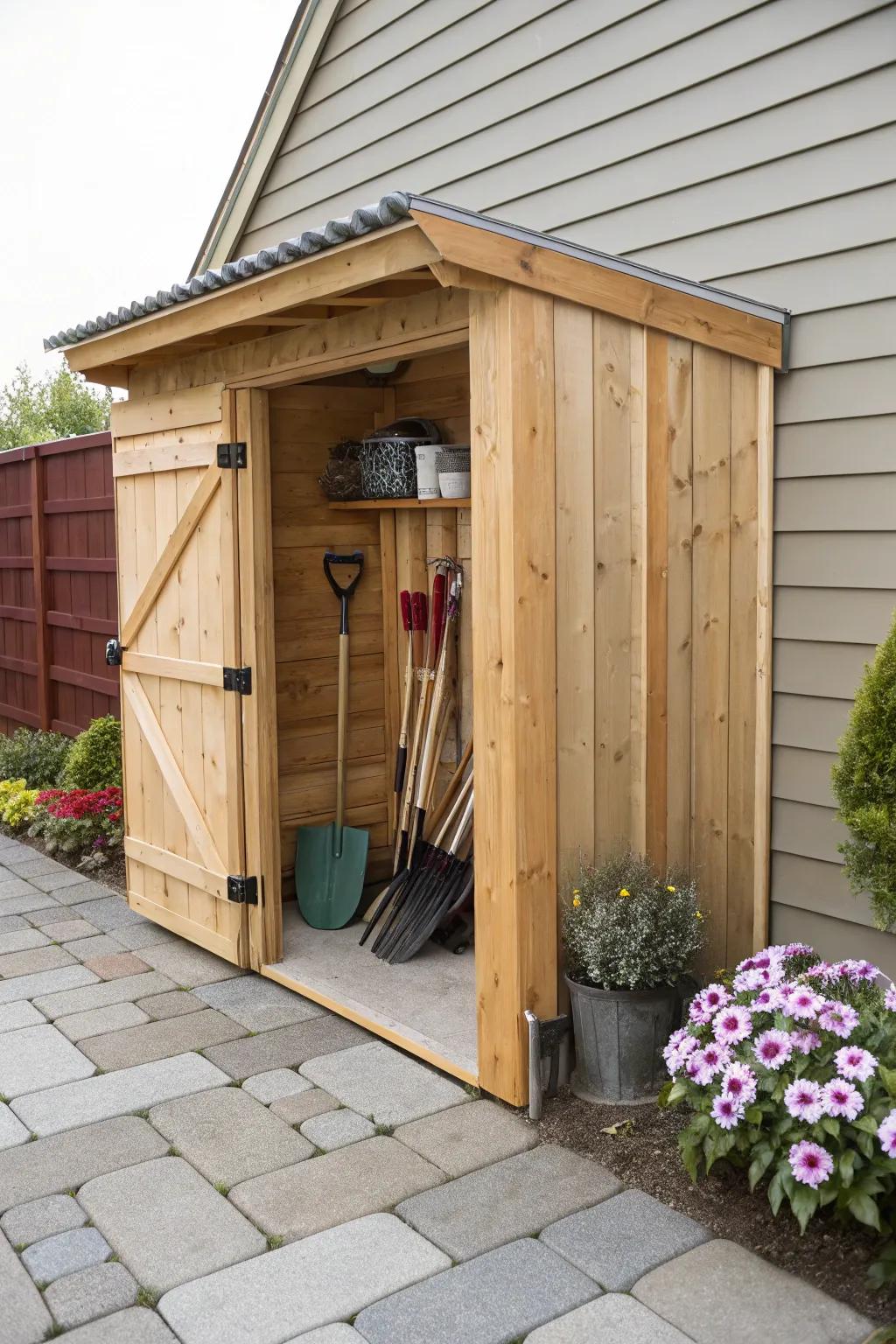 A space-saving lean-to garden tool shed.