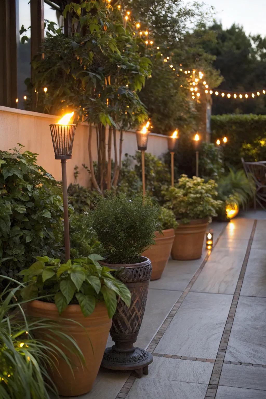 Torches and container plants make a lush, light-filled patio.