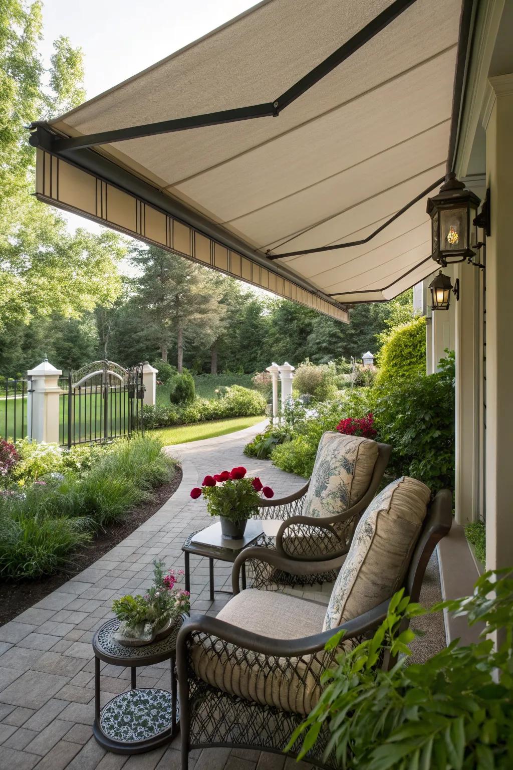 Shade solutions like awnings offer comfort and style on a veranda.