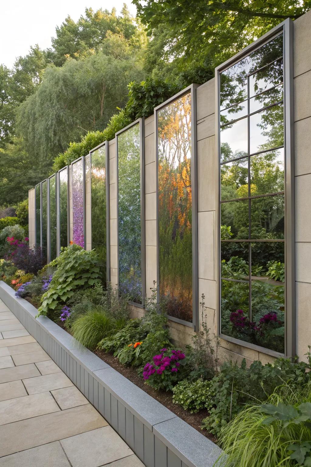 Mirrored panels expand space and light in garden settings.