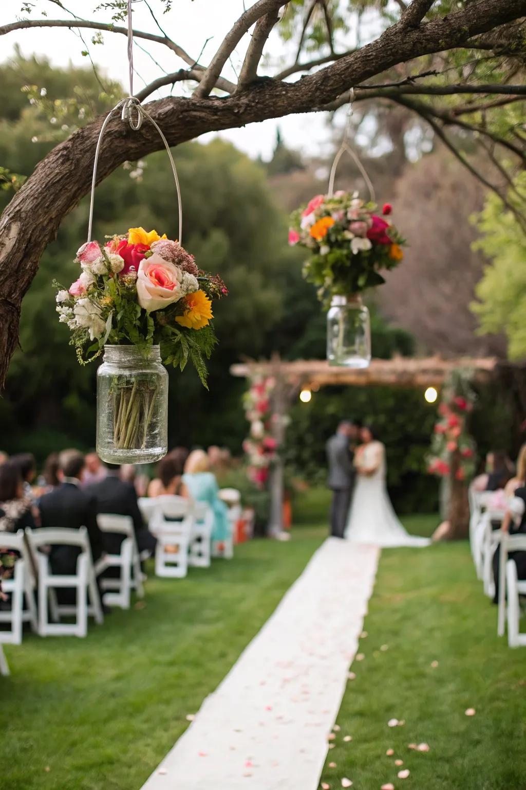 Jars filled with flowers adding rustic charm to the garden wedding.