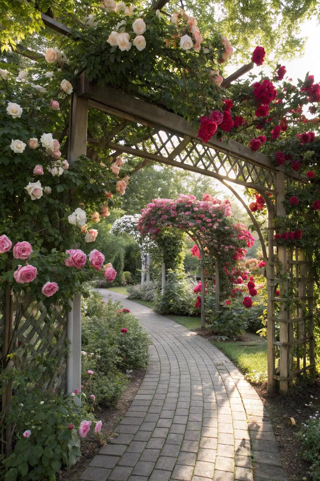 Colorful climbing roses on an arbor add a romantic and fragrant touch.