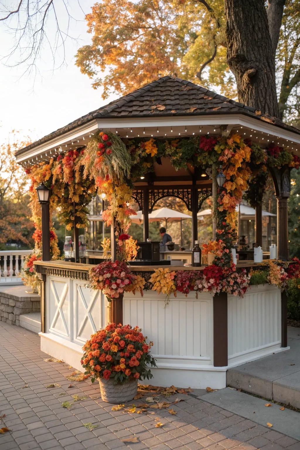 A gazebo bar with decor that changes with the seasons for a fresh look.