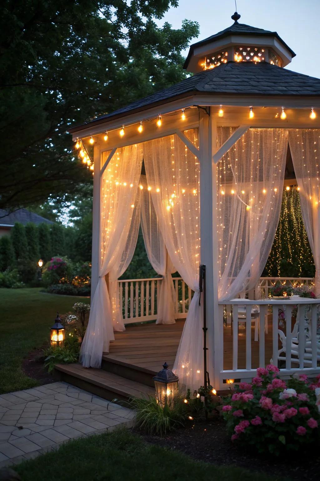 String lights paired with curtains create a magical outdoor evening space.