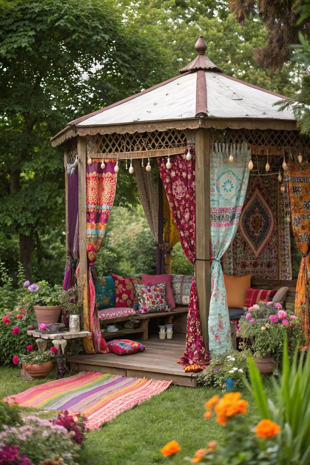 Infuse boho vibes into your gazebo with eclectic design.