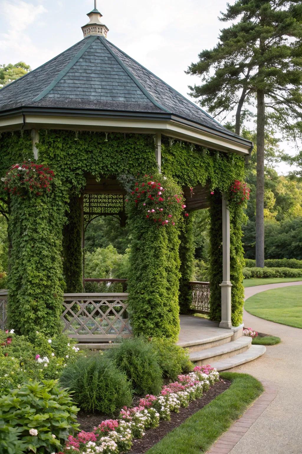 A vibrant vertical garden enhances a gazebo's charm.