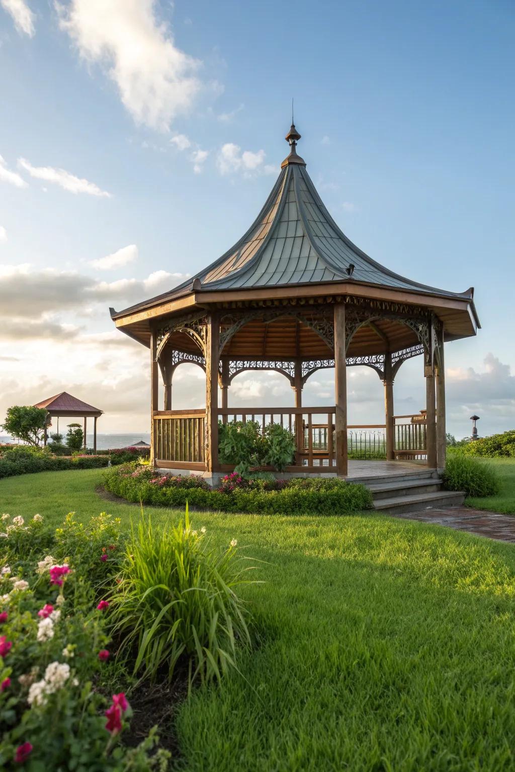 A curved roof adds a unique silhouette and artistic flair to this gazebo.