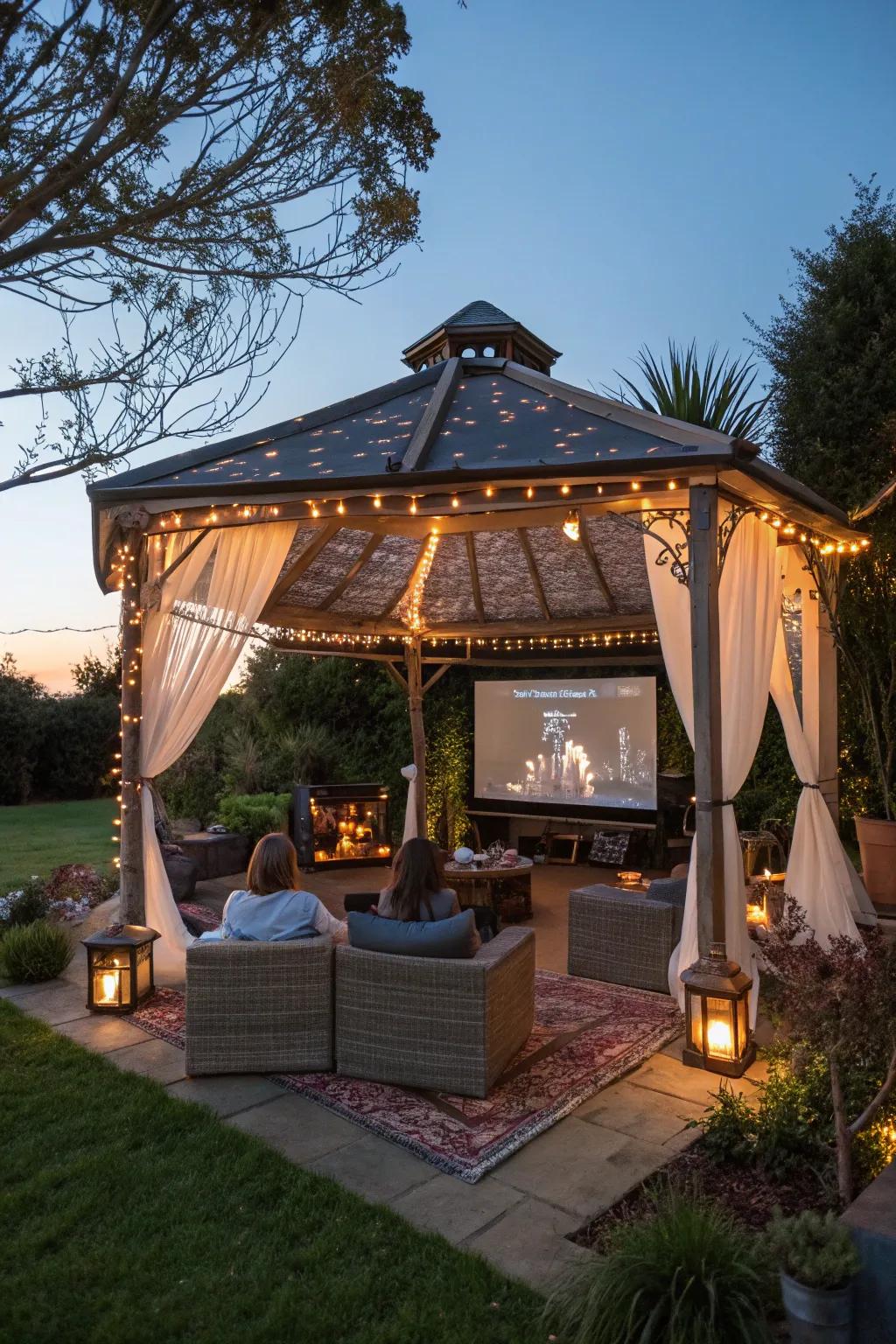 A gazebo transformed into an outdoor cinema for a unique party experience.