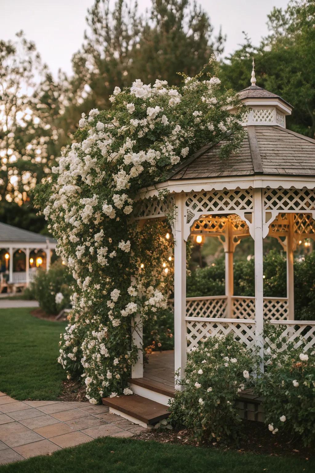 Jasmine adds a sweet fragrance and delicate beauty to this gazebo setting.