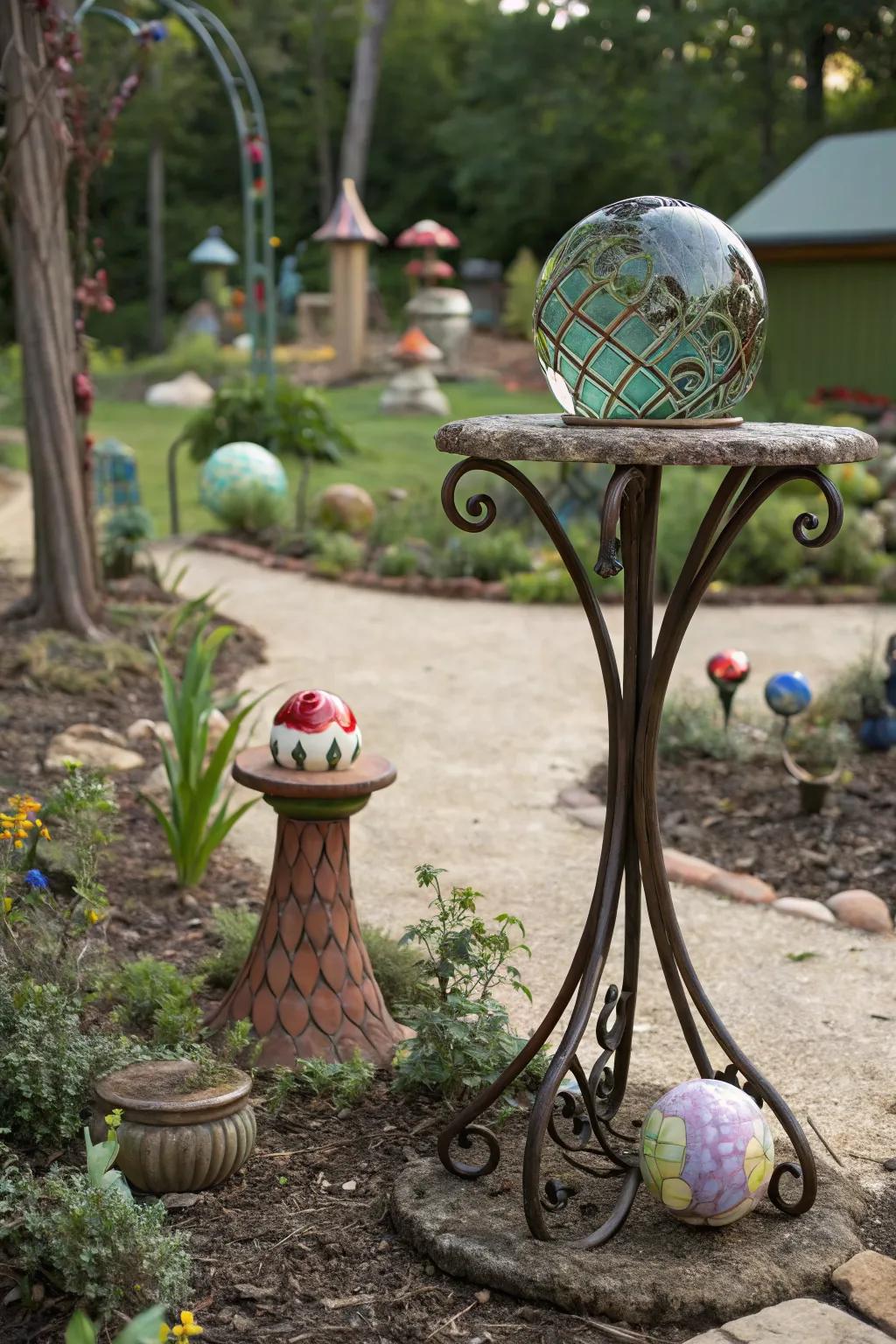 A sculptural stand adds an artistic flair to the garden decor.