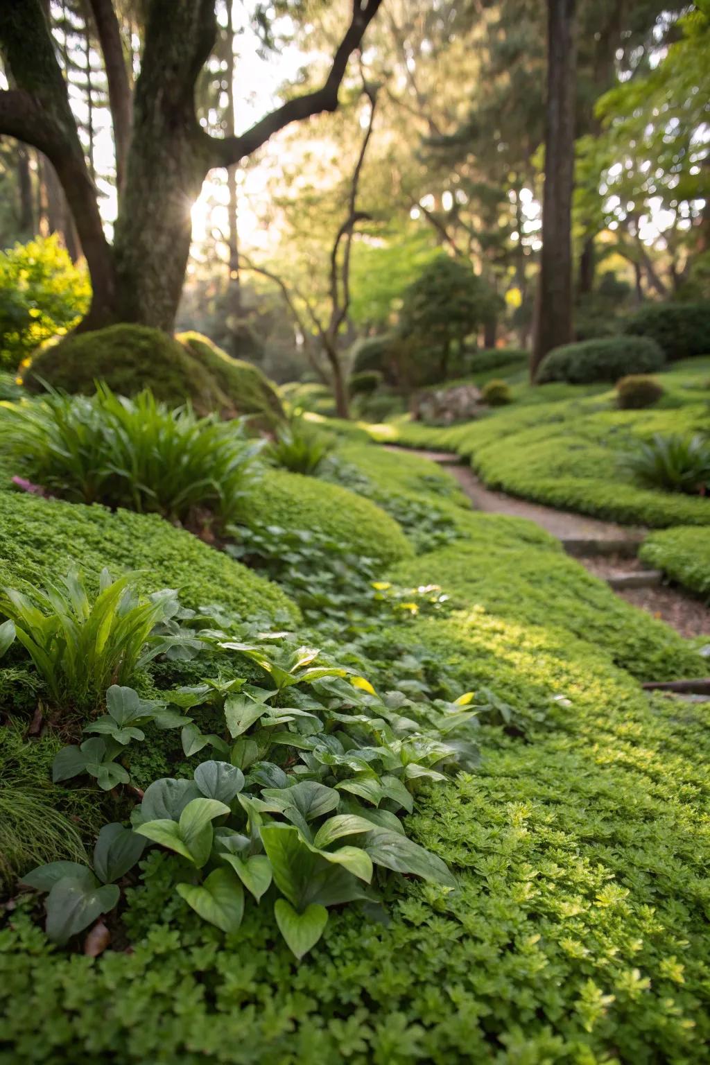 Ground cover plants offering a low-maintenance lawn alternative.