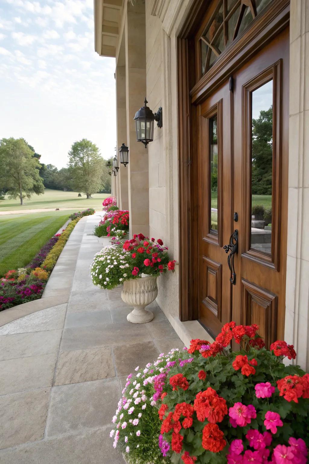 A grand entrance lined with vibrant geraniums.