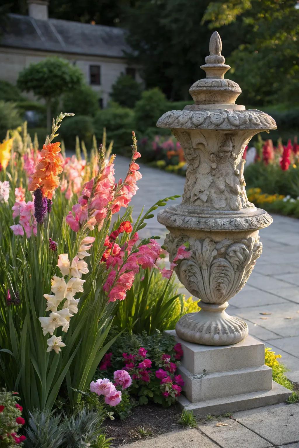 Gladiolus accentuate focal points like garden sculptures.
