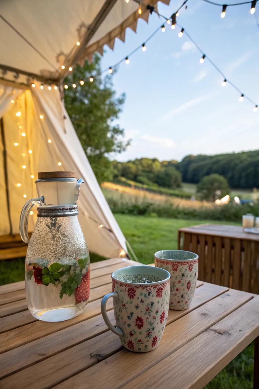 Stay refreshed with delightful flavored water in stylish cups.
