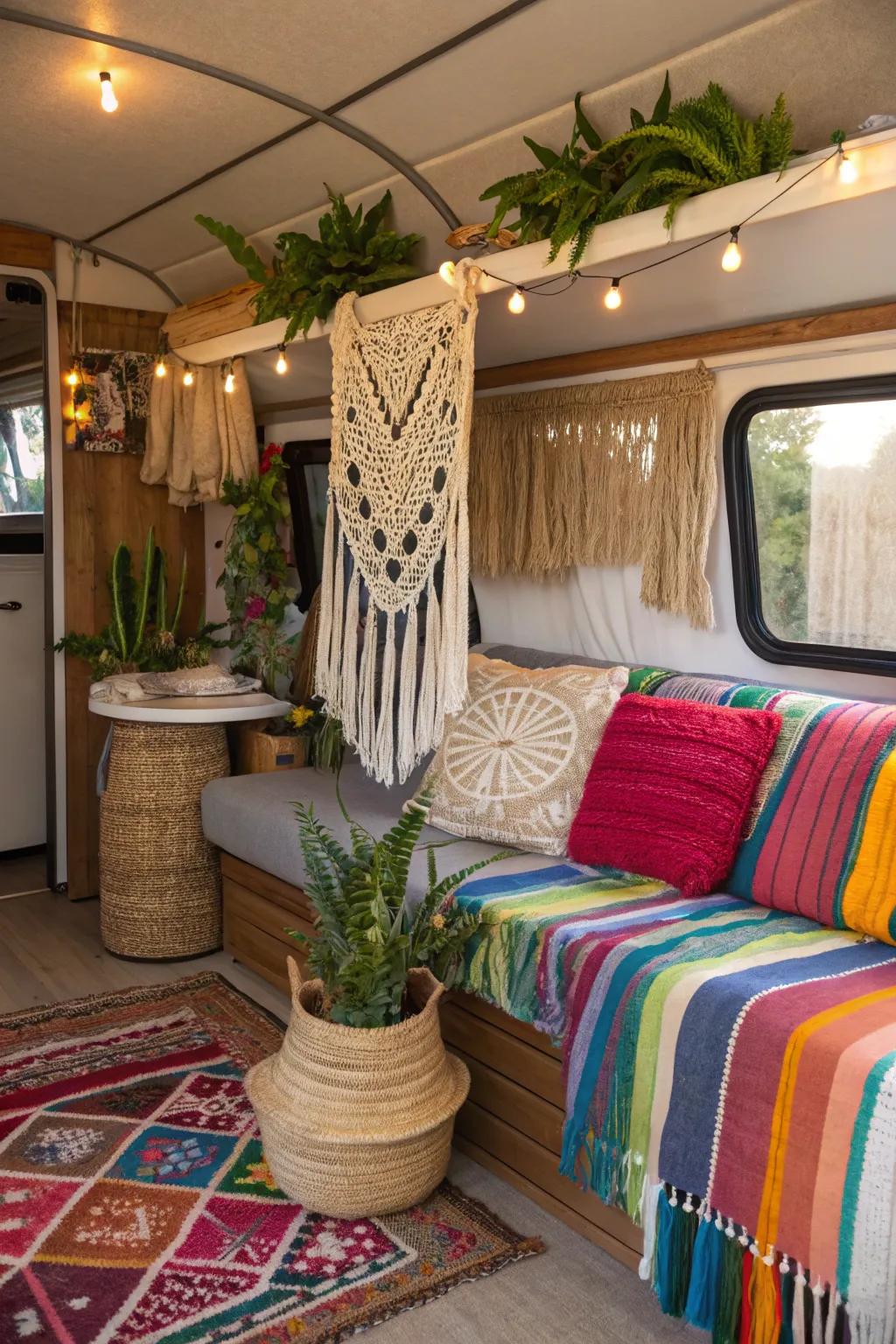Bohemian-themed decor adding style to an RV interior