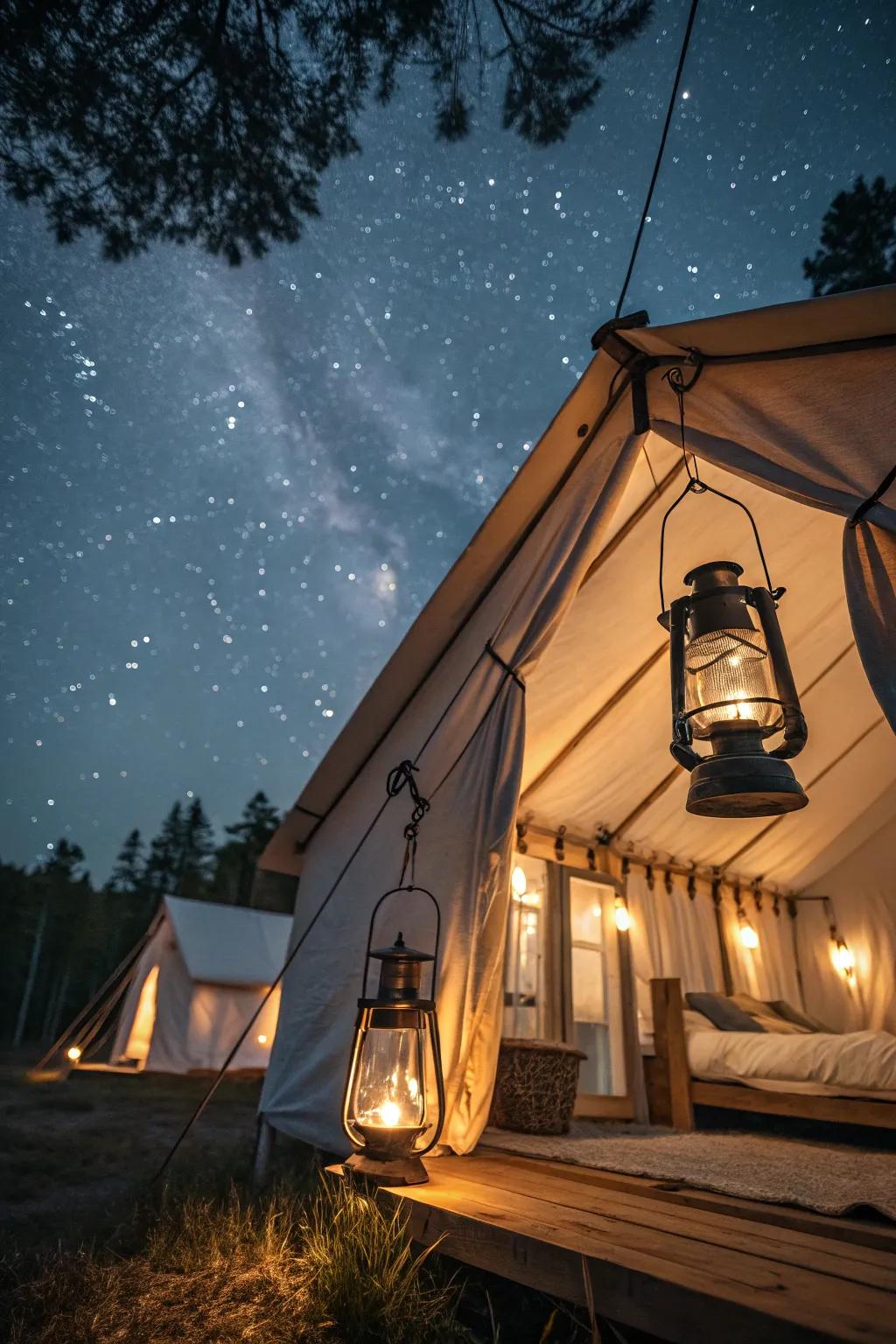 Vintage lanterns provide warm and inviting lighting.