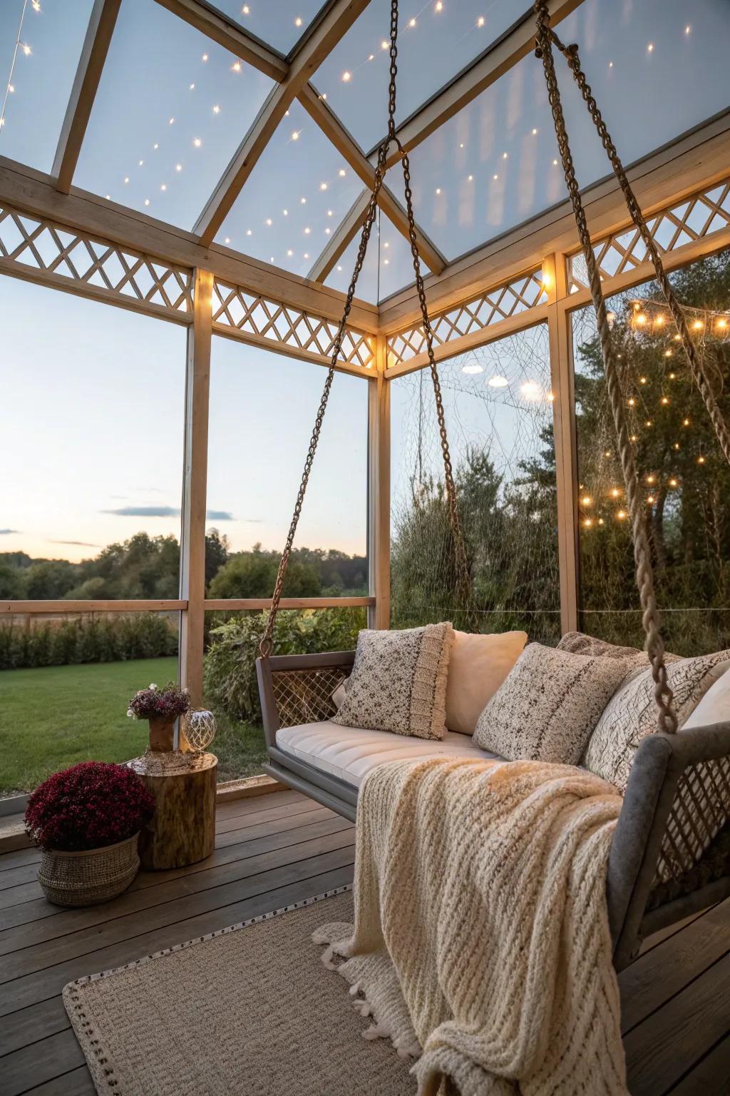 A porch swing adds a playful touch to relaxation.