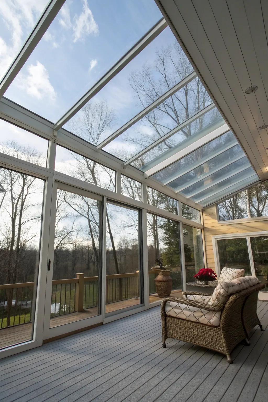 A durable glass porch equipped with weather-resistant elements.