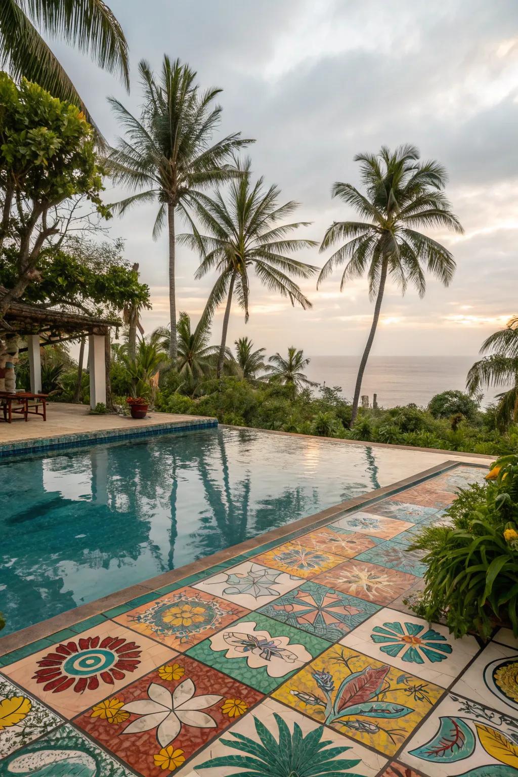 Tropical-themed tiles bring a vacation vibe to your pool.