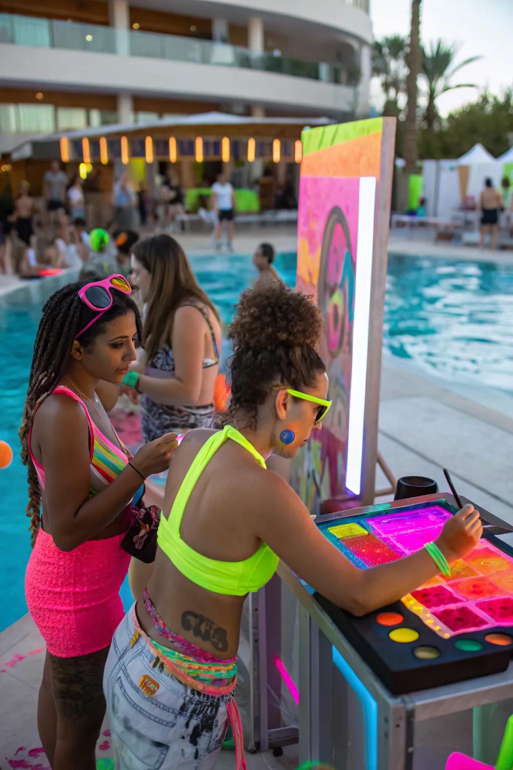 Neon body art stations encourage creativity and fun.