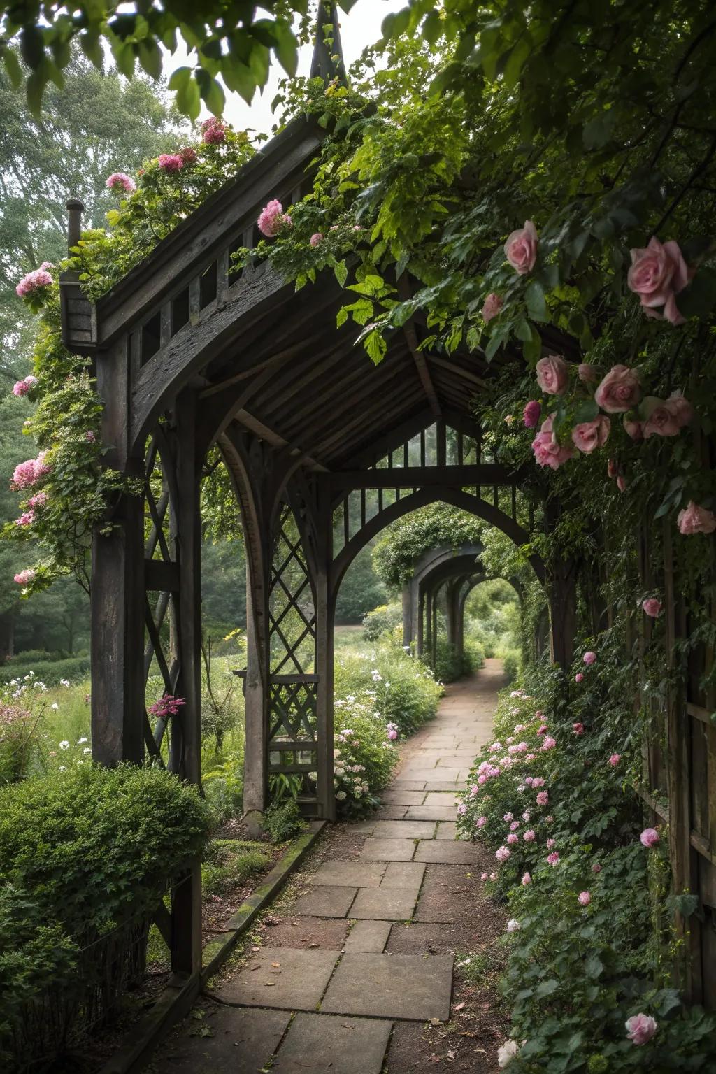 An ornate pergola adds elegance and structure.