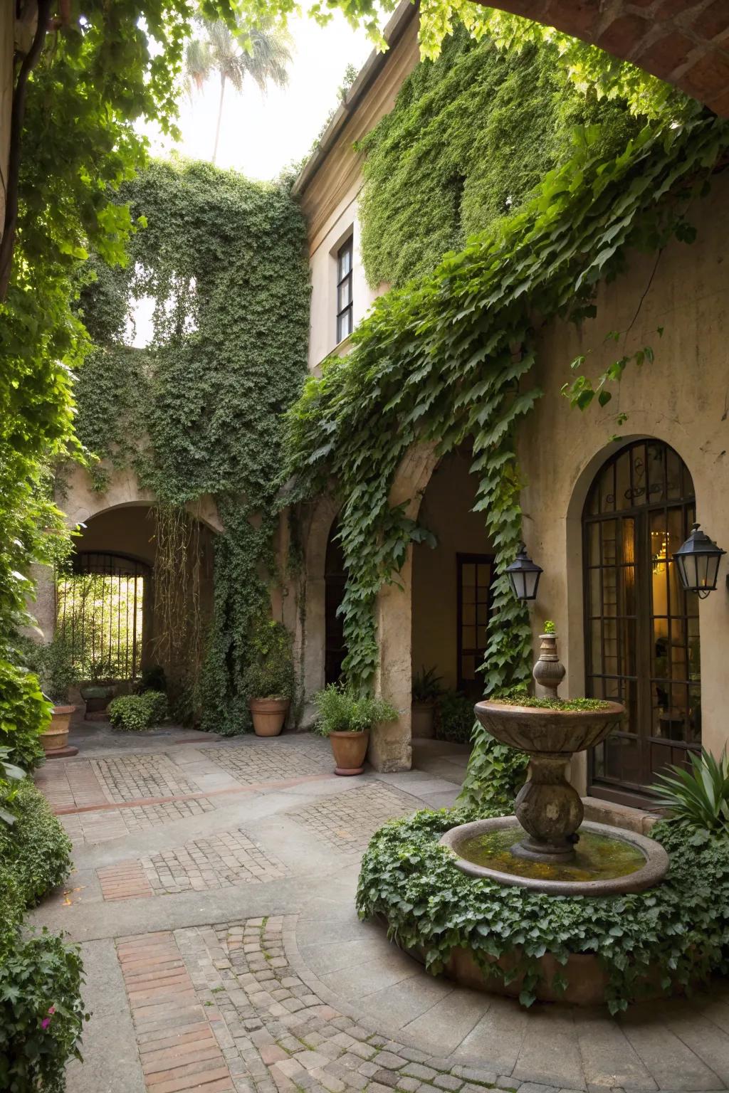 Grapevines enveloping a courtyard create a secluded oasis.