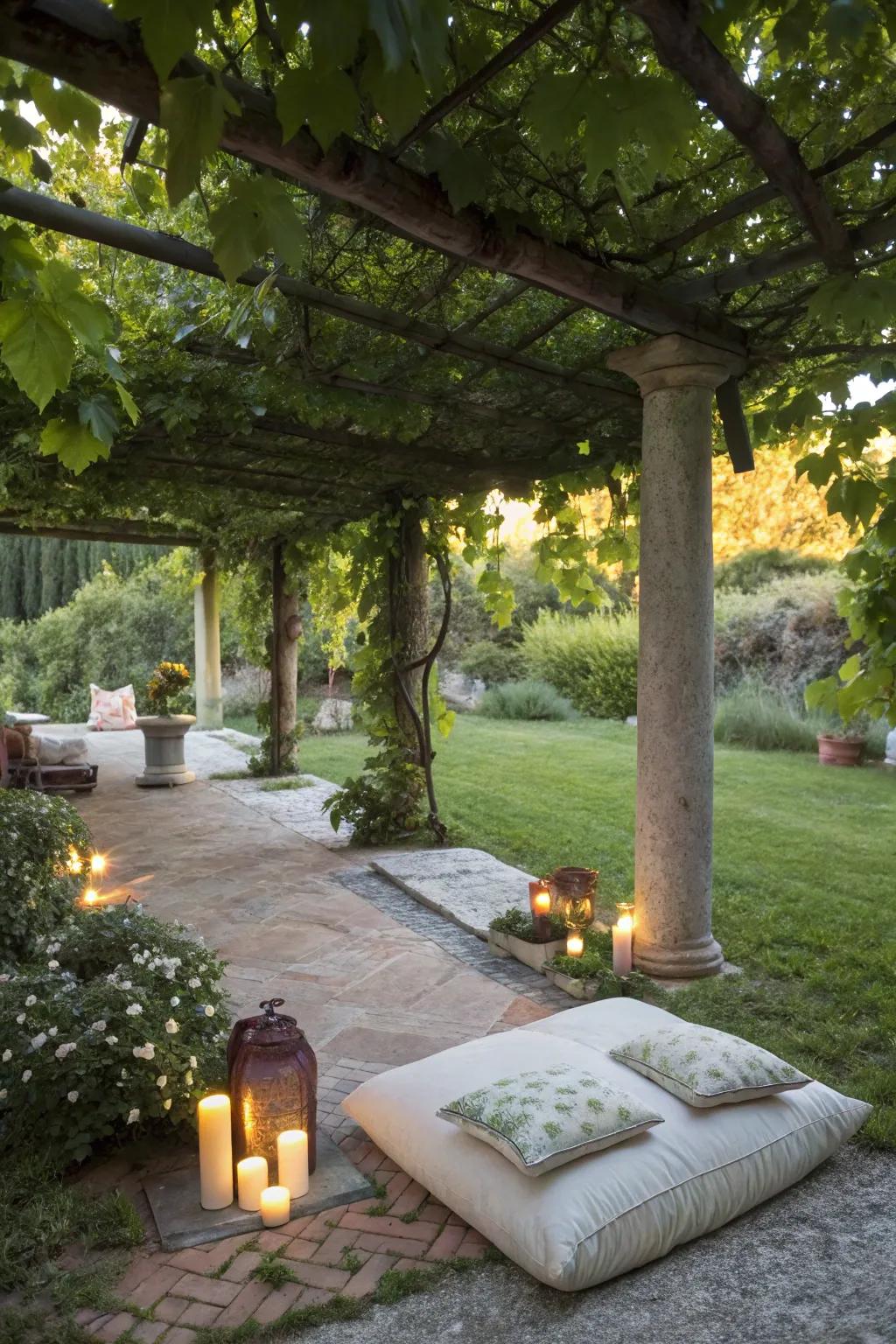 A peaceful meditation space under a grapevine pergola.