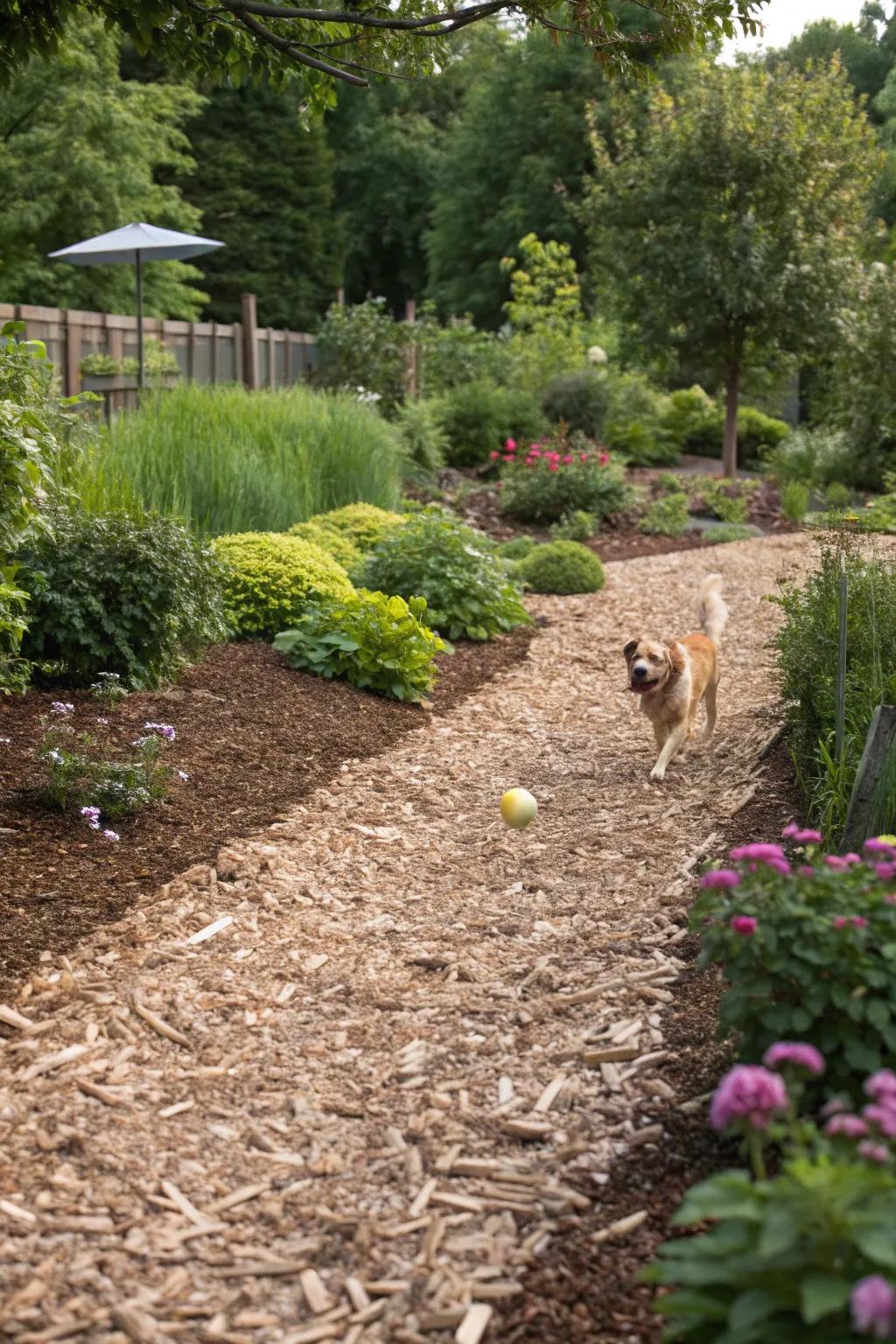 Dog playing fetch on wood chip ground cover