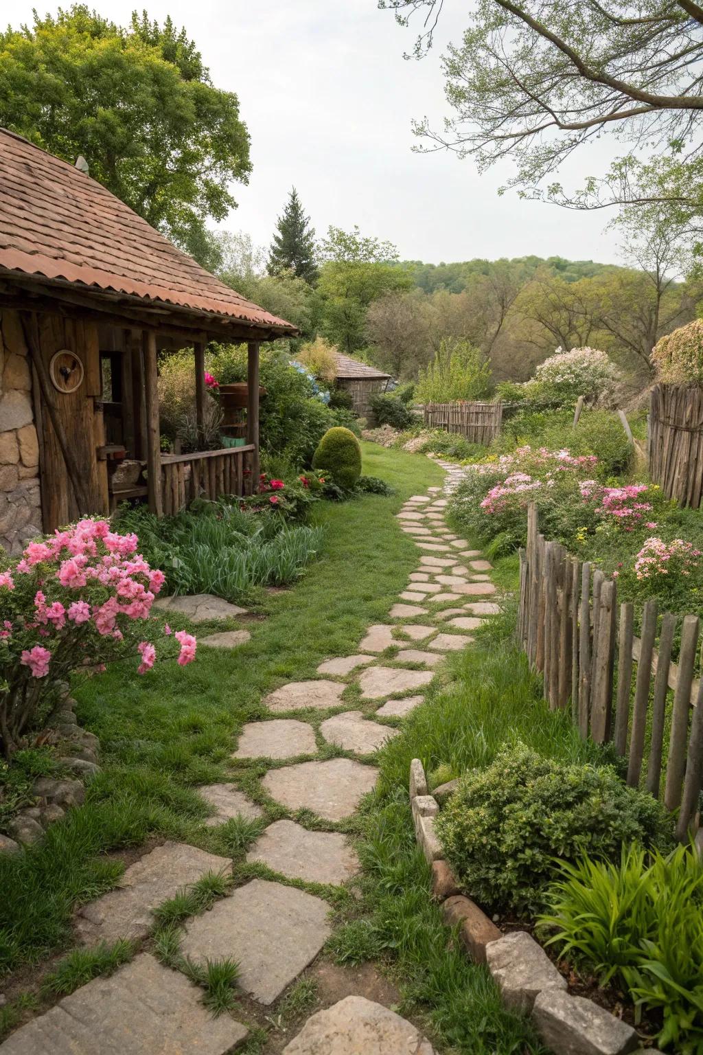 Add country charm with rustic stone and grass pathways.