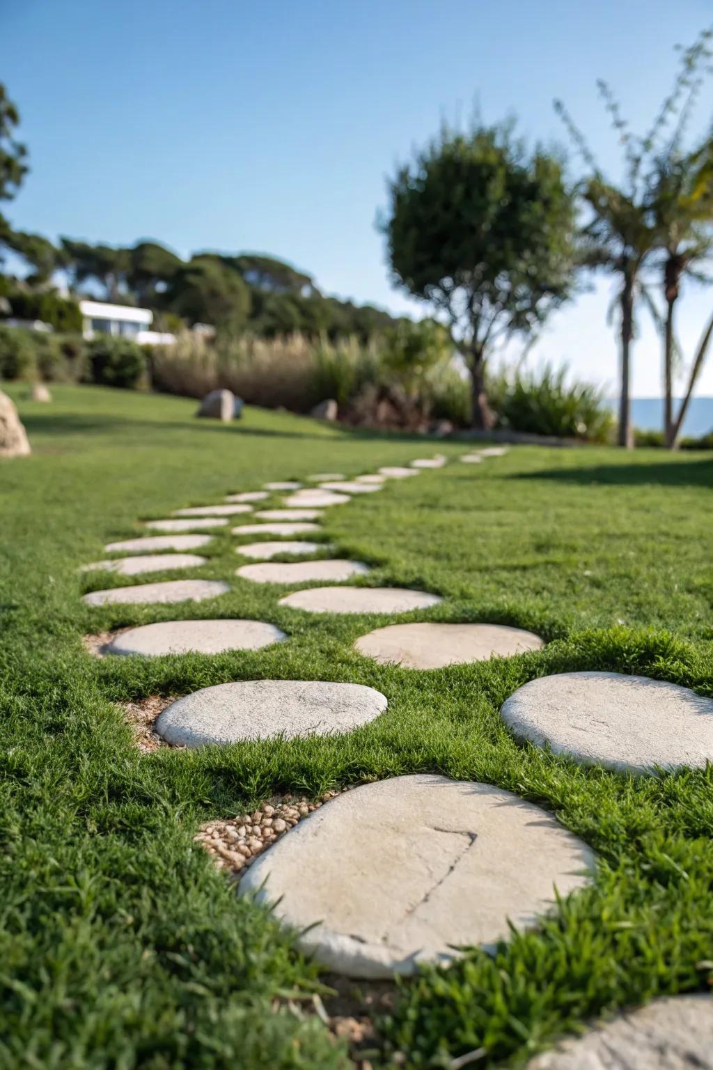 Stepping stone islands in a grass walkway for a playful touch.