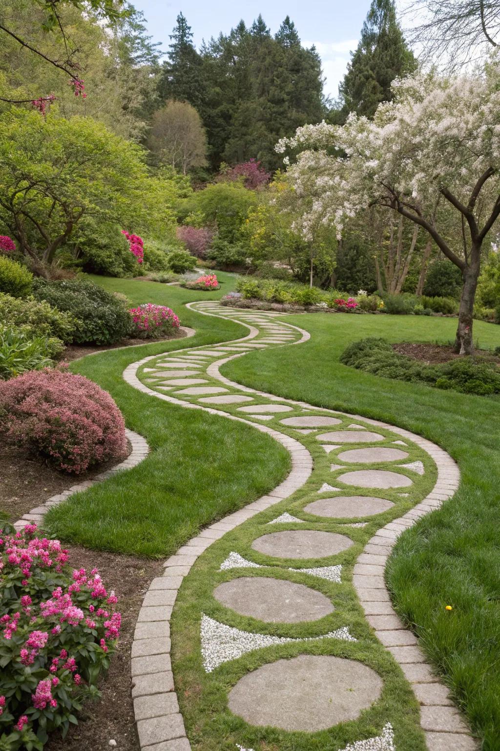 A grassy path with creative circular patterns.