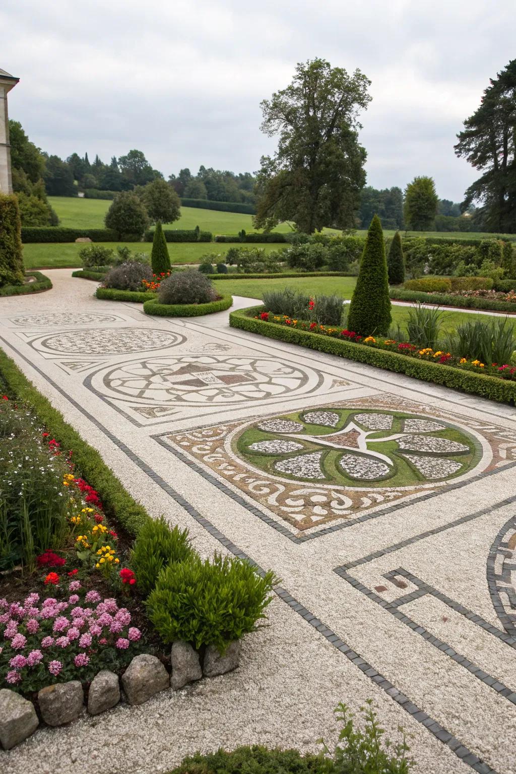 Modern geometric designs crafted with gravel.