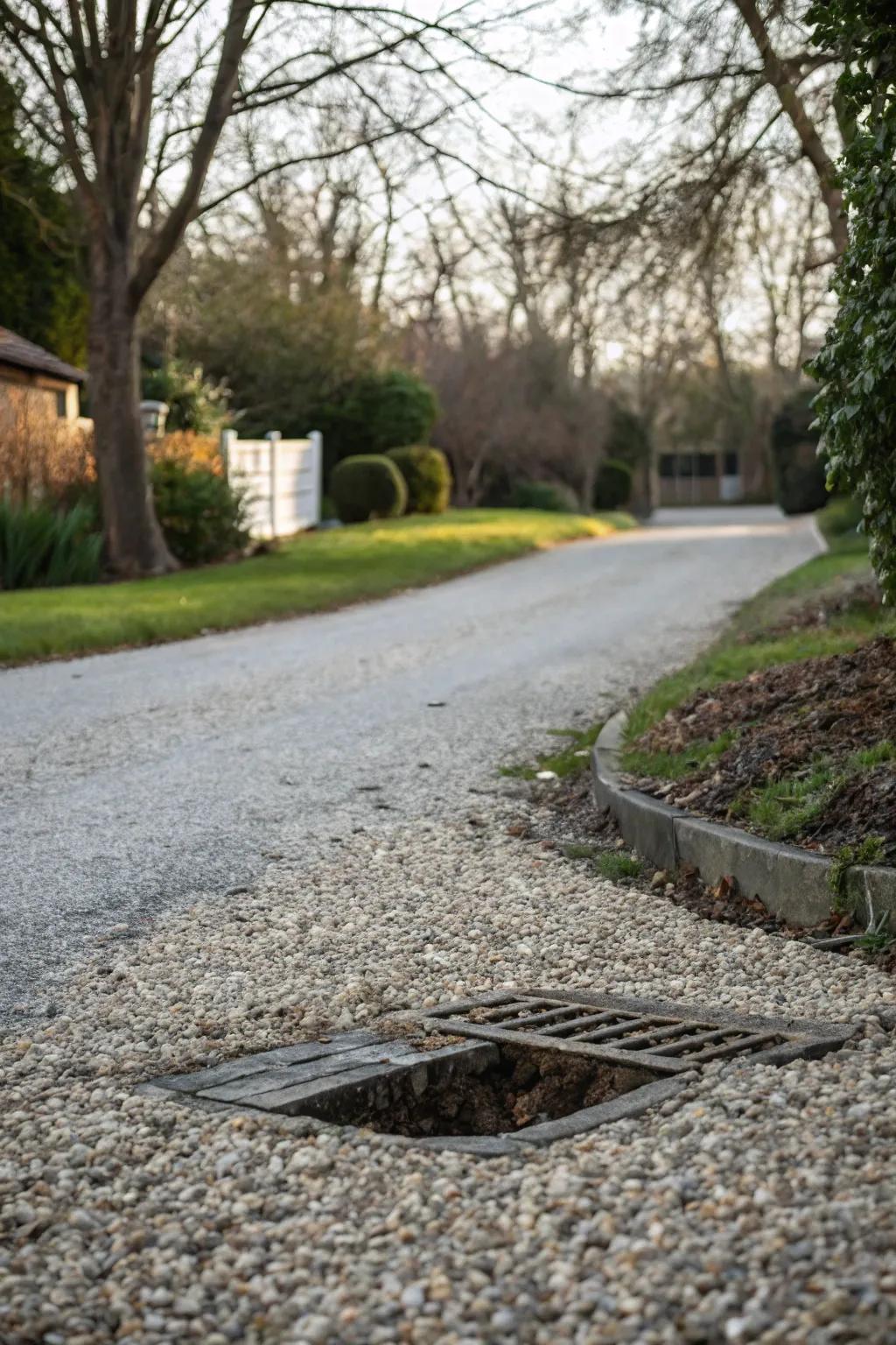 A dry well providing hidden drainage on a gravel driveway.