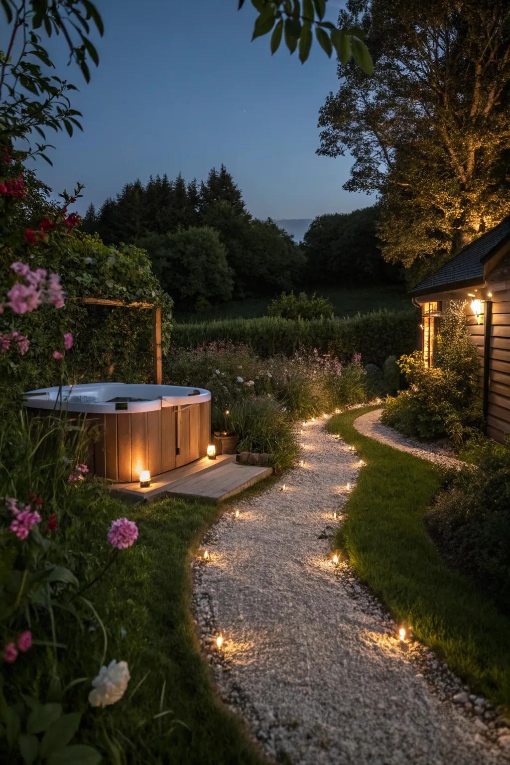 Illuminated paths enhance ambiance and safety.