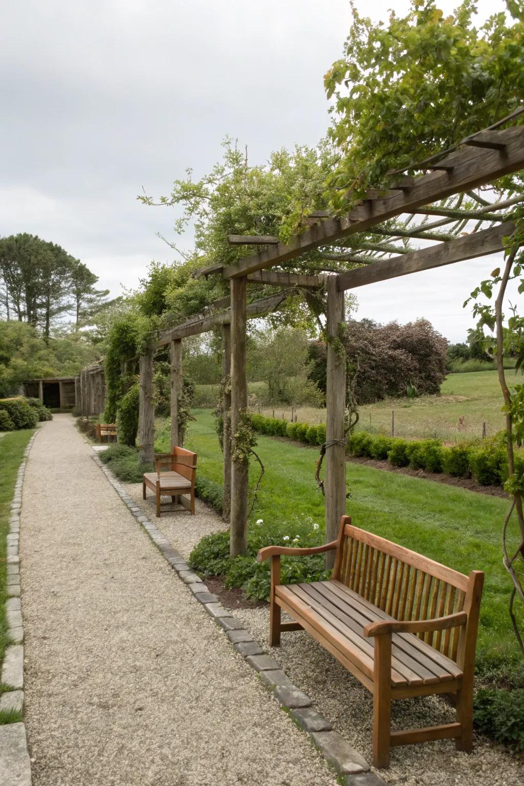 Add warmth with gravel and wood combinations.