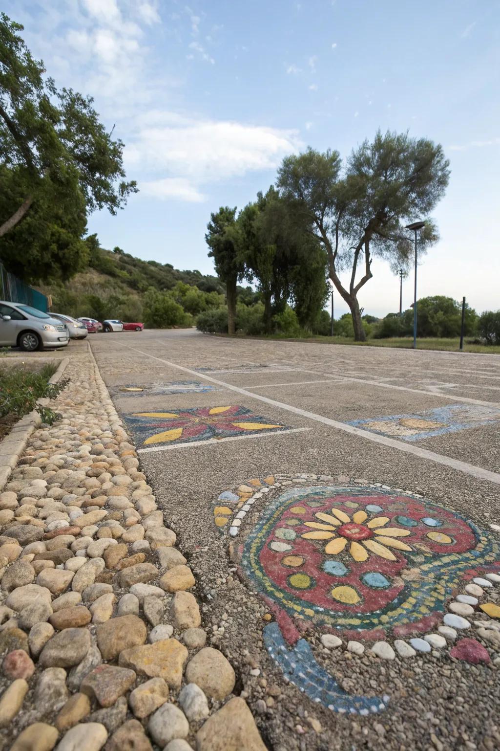 Mosaic patterns add an artistic touch to gravel parking areas.