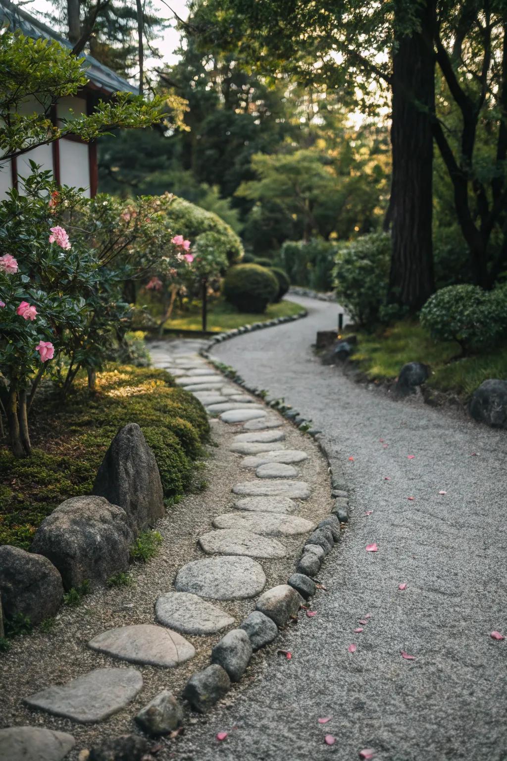 A gravel path with natural stone edging for a rustic touch.