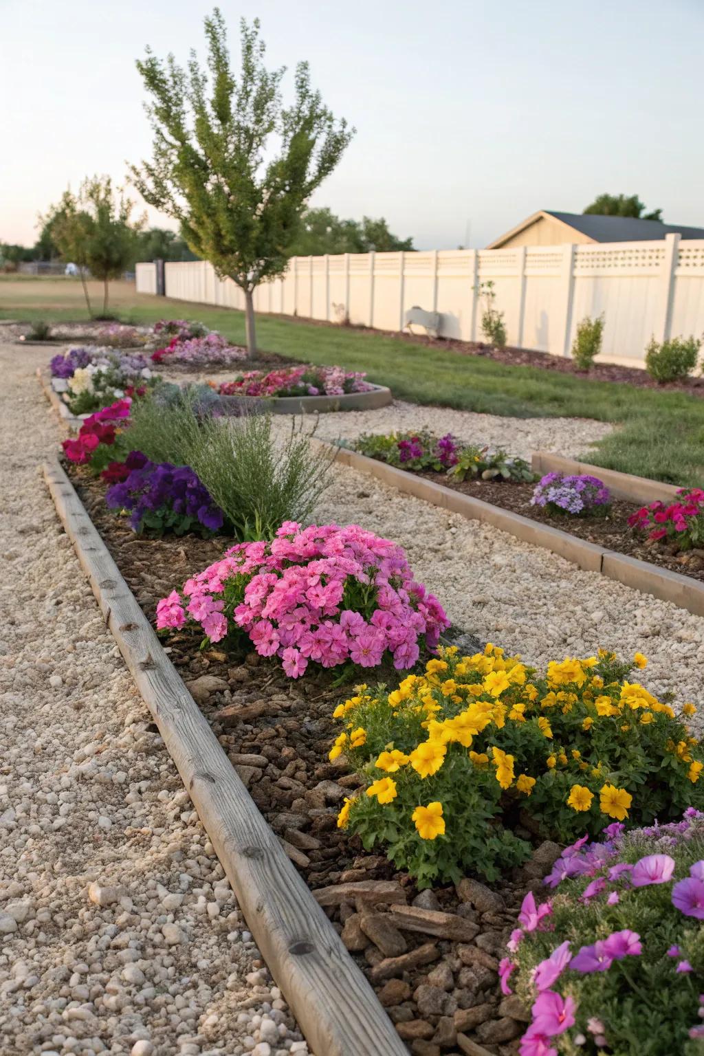 Layered garden bed with gravel and mulch.