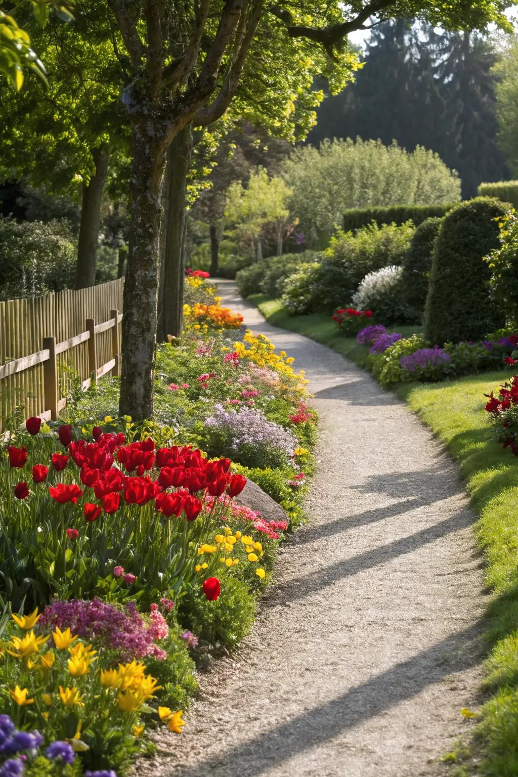 A colorful gravel path bordered by blooming flowers