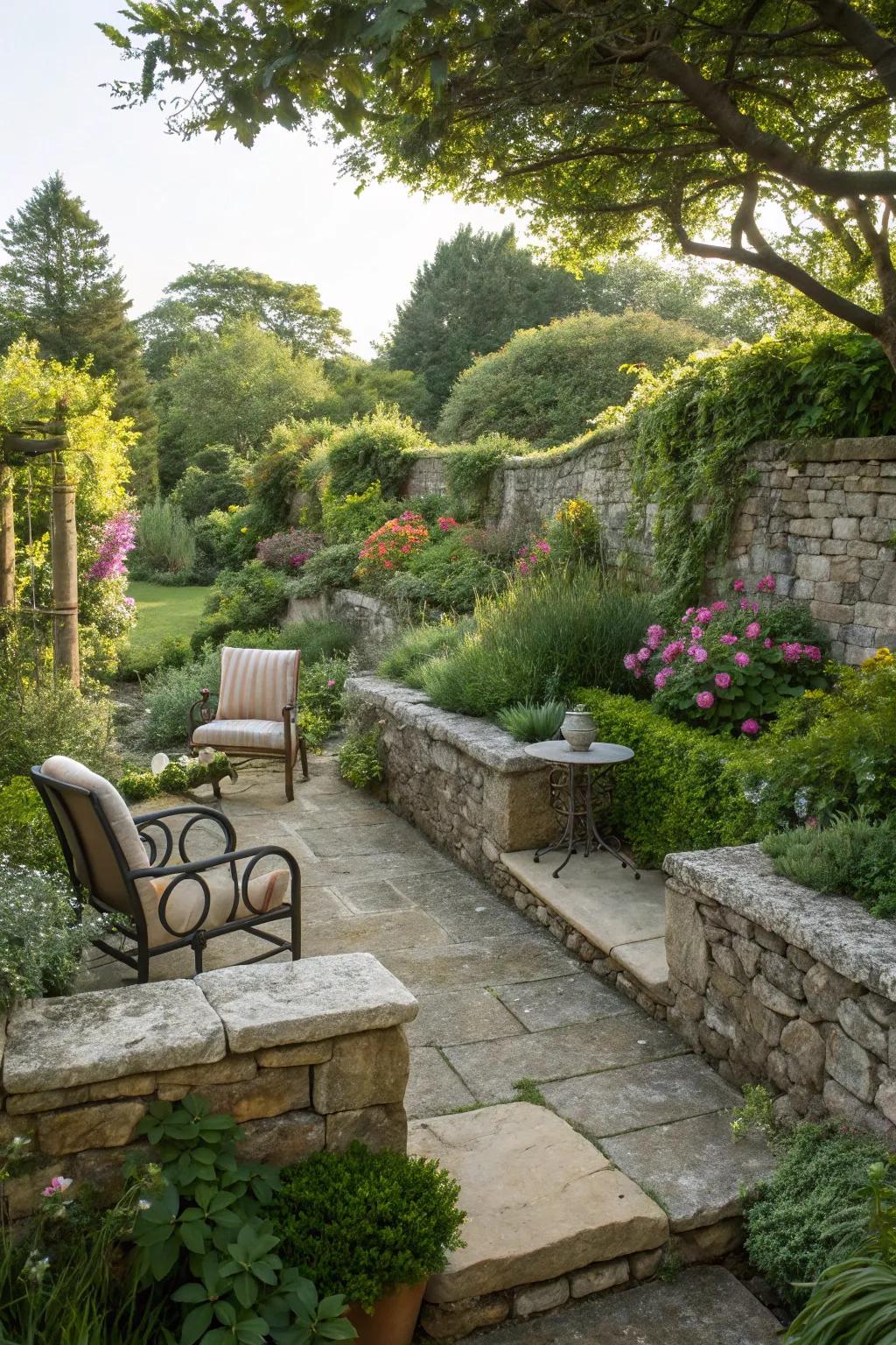 Low stone walls define spaces while keeping them open and inviting.