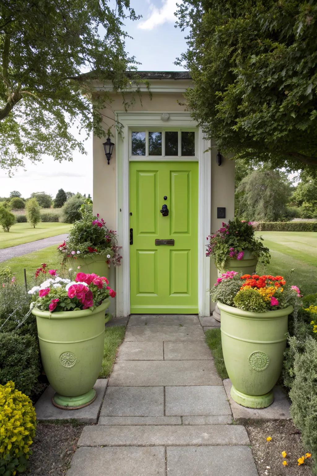 Pottery and planters add natural elegance to green doors.