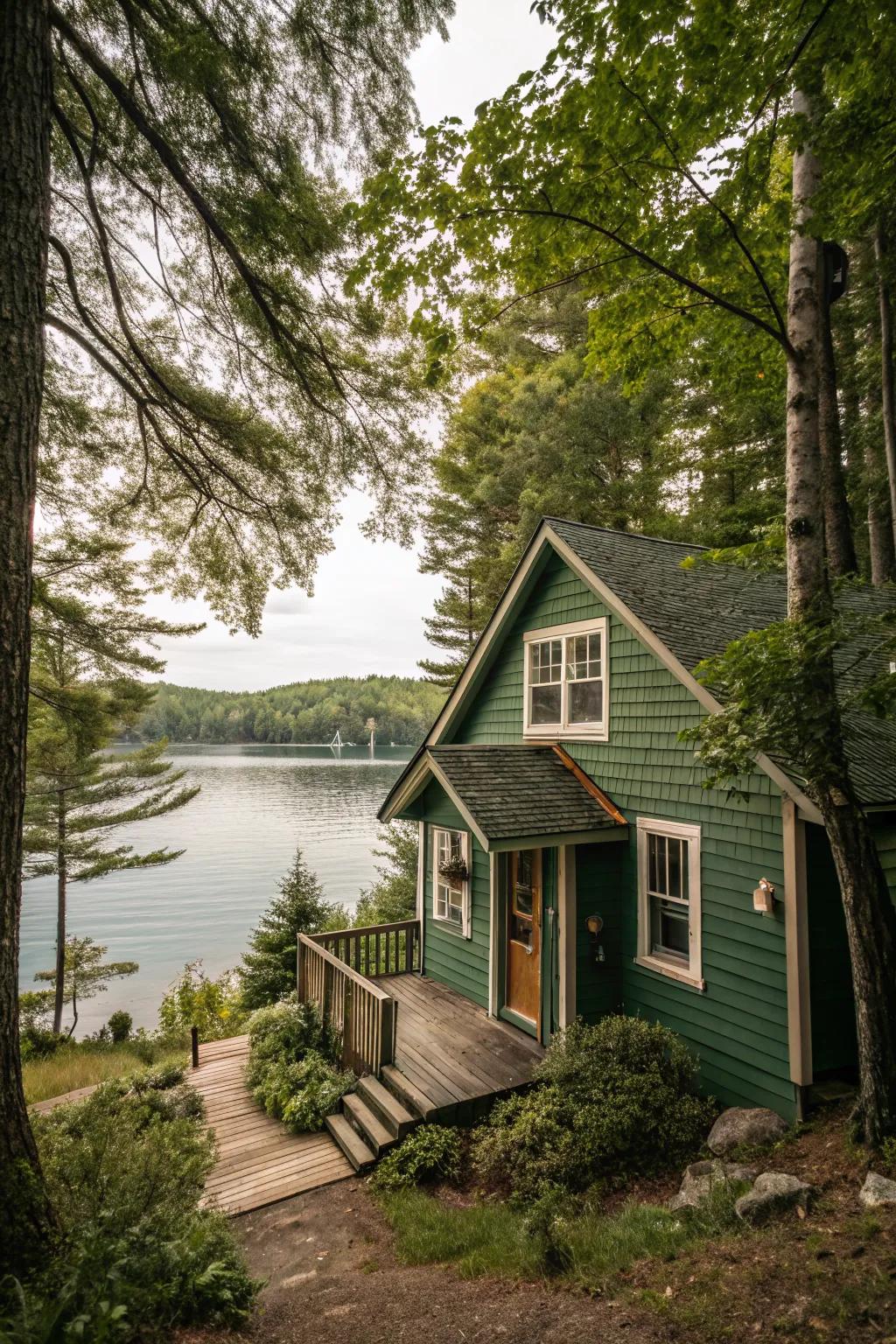 Pine green exteriors create a serene retreat ambiance.