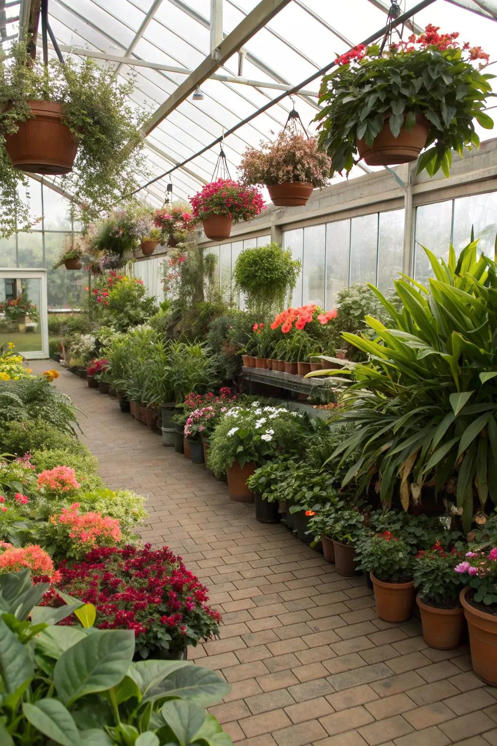A mix of plants creates a diverse and lively greenhouse environment.