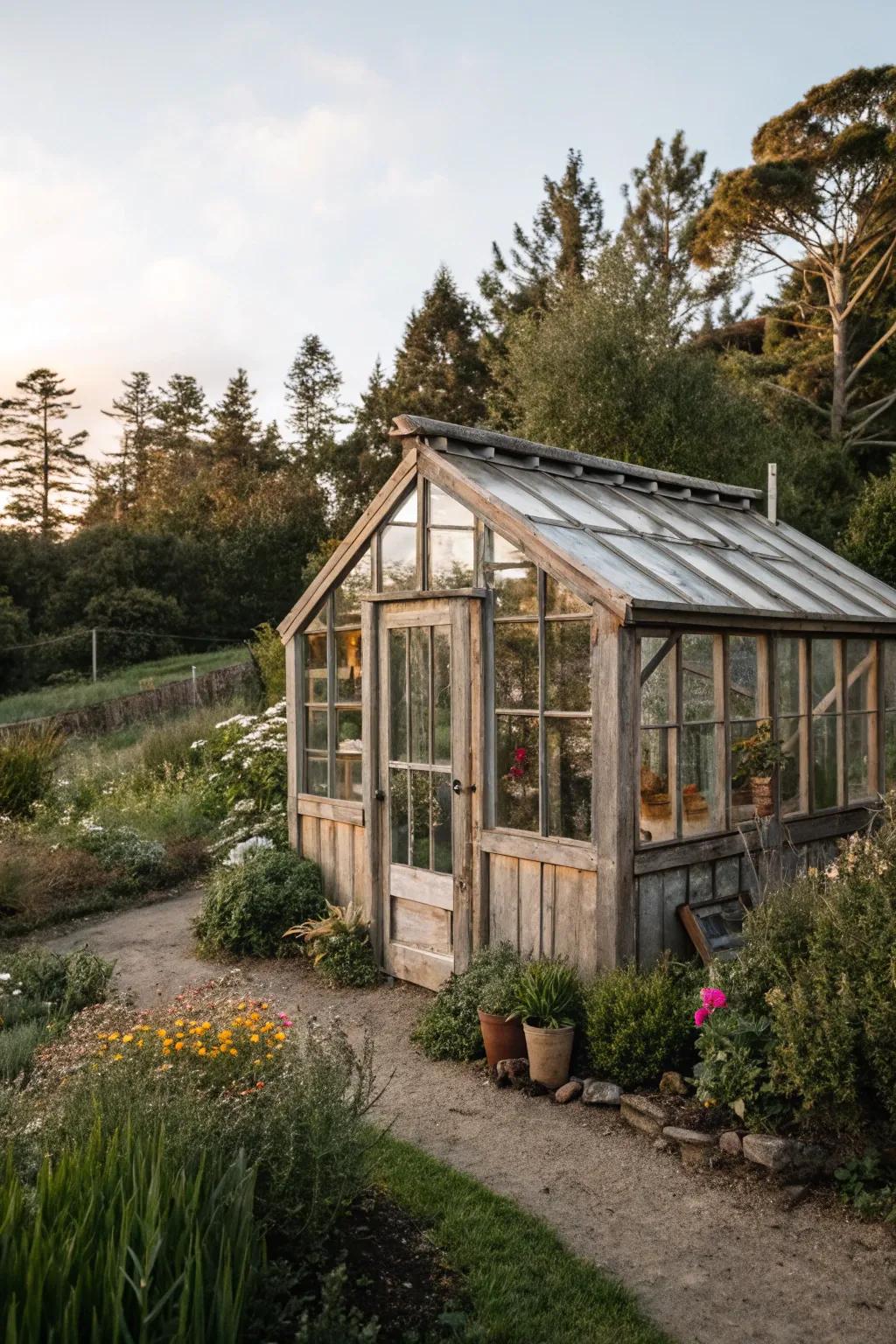 Warm and inviting rustic wooden greenhouse.