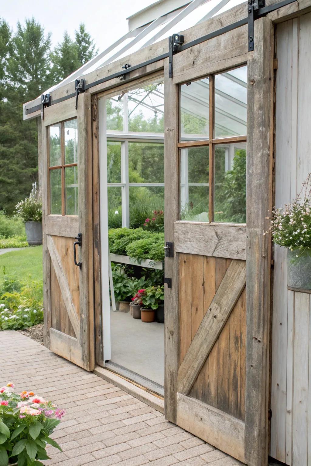 Bring rustic charm to your greenhouse with sliding barn doors.