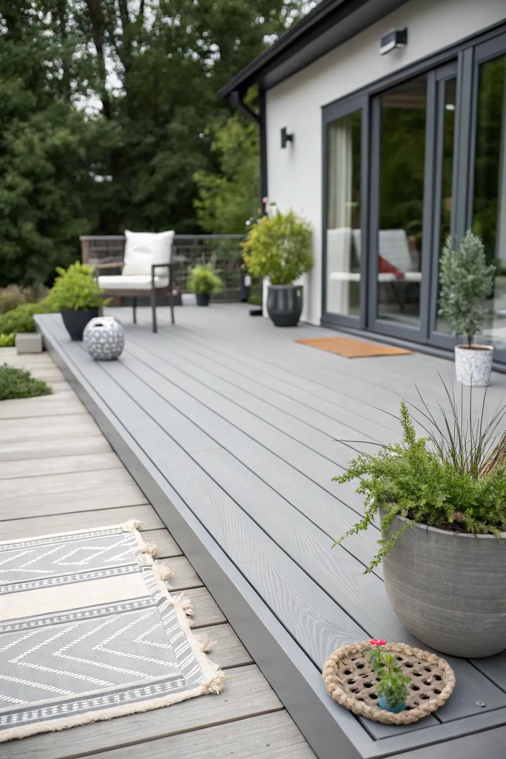 A minimalist design emphasizes the beauty of grey decking.