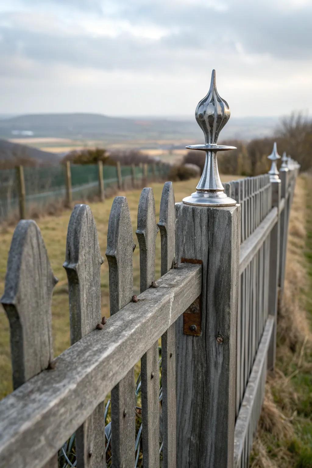 Enhance your grey fence with artistic sculptural elements.