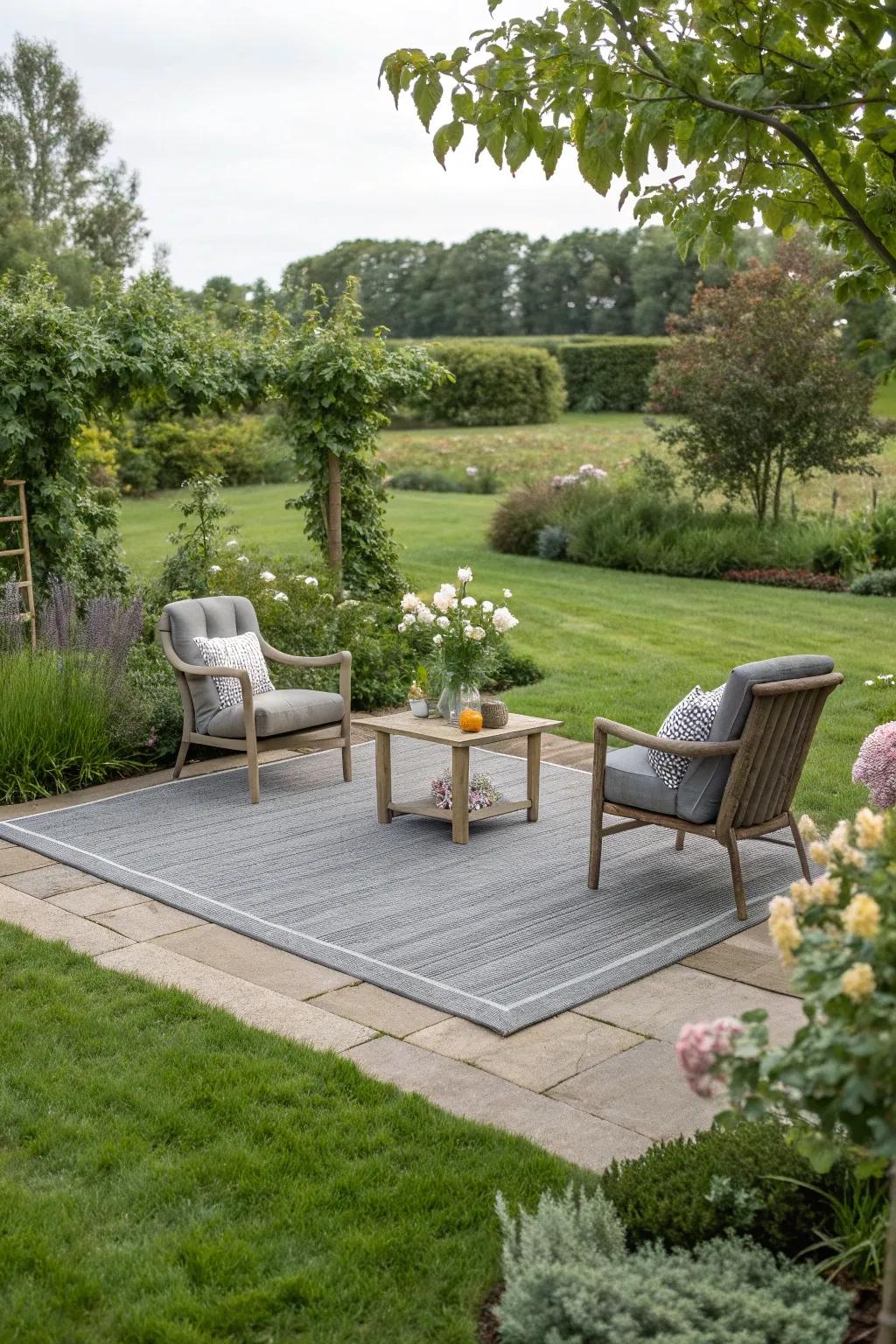 A grey outdoor rug providing comfort and style in a garden seating area.