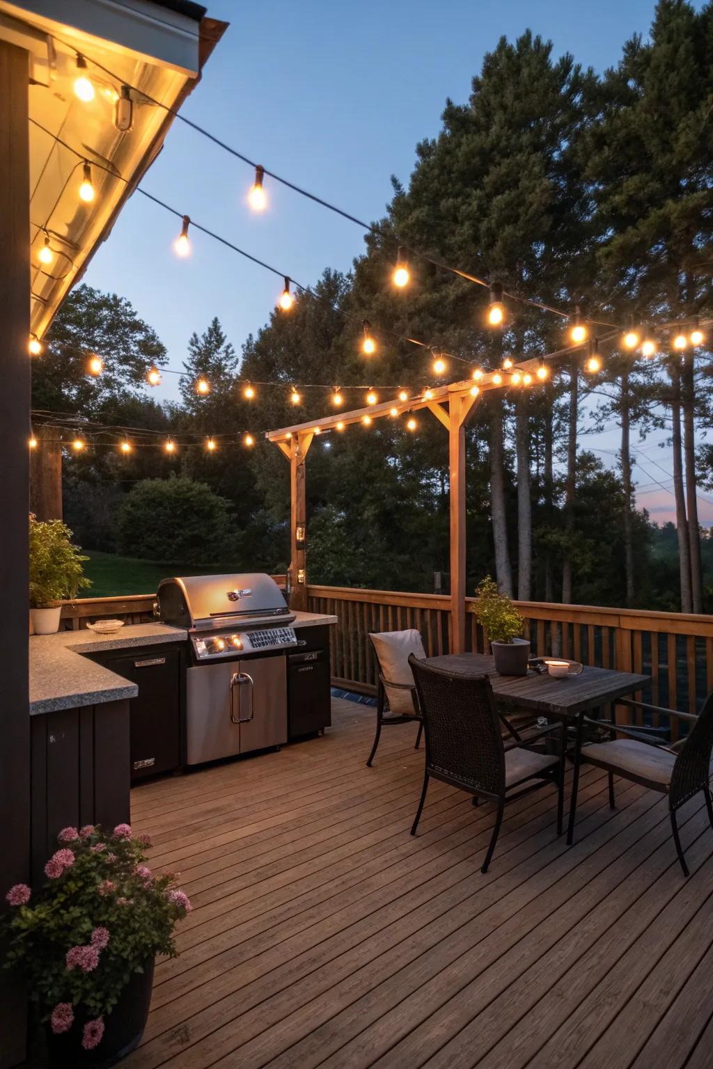 Warm string lights casting a glow over the grilling deck.